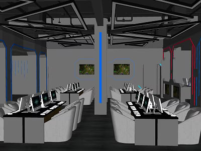Modern Internet Cafe Interior With Computers Comfortable Seats Ceiling Design And Decorative Paintings 3d model
