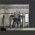 Industrial Mechanical Equipment Setup On Concrete Platform With Brick Wall Background And Metal Pipes