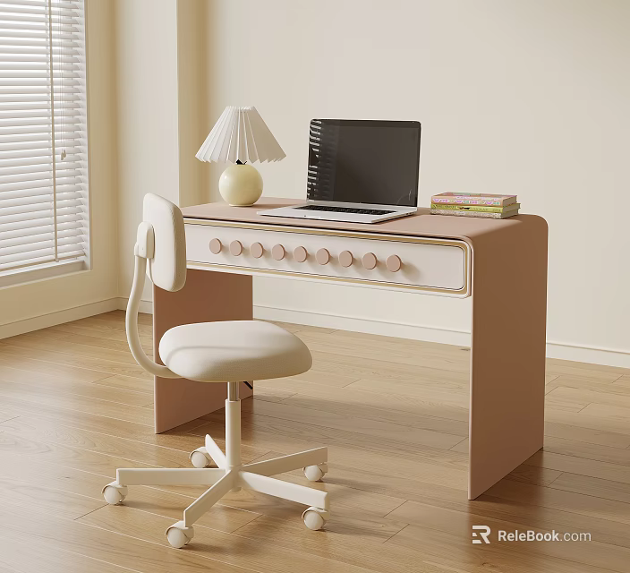 Modern Pastel Desk with Circular Knobs Laptop Table Lamp Stack of Books and White Wheeled Chair 3d model 