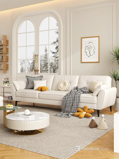 White Sofa and Coffee Table Set with Pillows Throw Blanket Wall Art Snowy Window View 3d model 