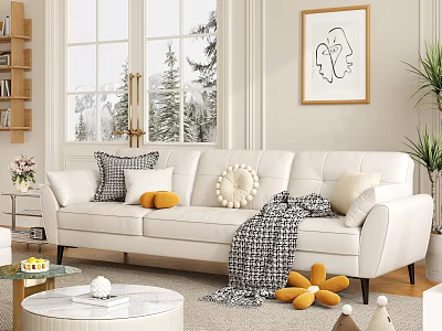 White Sofa and Coffee Table Set with Pillows Throw Blanket Wall Art Snowy Window View 3d model
