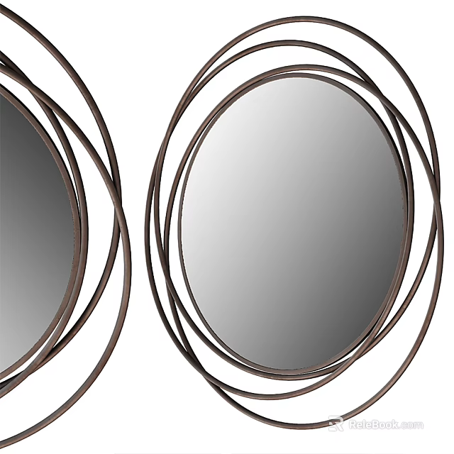 Two Oval Mirrors With Brown Circular Decorative Frames For Home Interior 3d model 