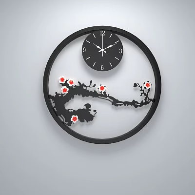 Circular Black Frame Wall Clock With Black Dial White Hands Tree Branch And Red Flowers 3d model