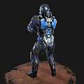 Futuristic Blue And Black Armored Character Holding Weapon Standing On Red Ground 3d model