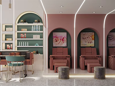 Modern Beauty Hair Salon Interior With Arched Doors Comfortable Chairs Mirrors Shelves And Beauty Products 3d model