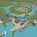 Modern Hotel Building With Tapered Glass Towers Waterfront Green Space And Curved Walkway