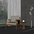 Modern Single Sofa With Beige Cushion Wooden Frame Side Table Floor Lamp And Blinds