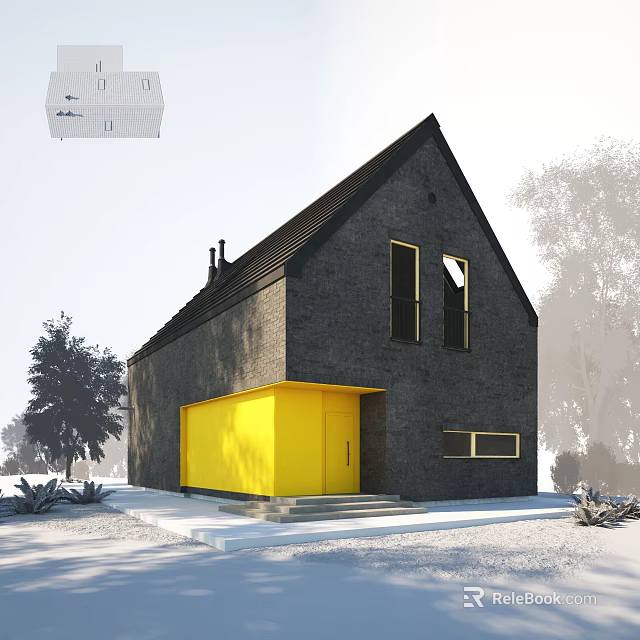 Modern Villa Balcony With Dark Gray Exterior Black Roof Yellow Door And Trees 3d model 