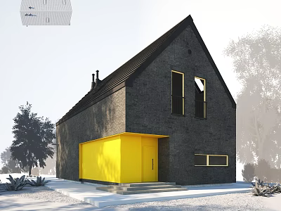 Modern Villa Balcony With Dark Gray Exterior Black Roof Yellow Door And Trees 3d model
