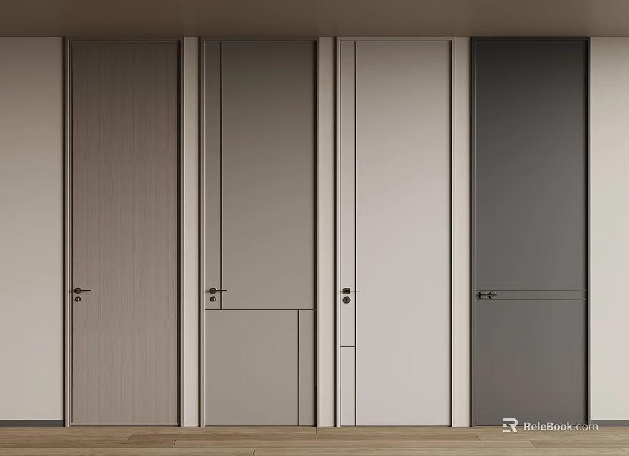 Multiple Wooden Gray White Hinged Doors In Modern Home Interior Design 3d model 