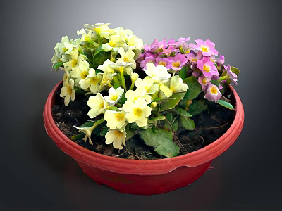 Vibrant Yellow and Purple Flowers in Red Pot with Lush Green Leaves 3d model