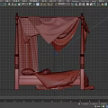 Four Poster Double Bed With Dark Wooden Posts Gray Bedspread And Light Drapes