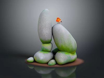 Small Orange Bird Perched On Artfully Stacked Greenish Stones Against Dark Background 3d model