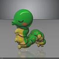 Green Caterpillar Toy Yellow Green Stripes Closed Eyes Pink Cheeks on Black Surface with Reflection