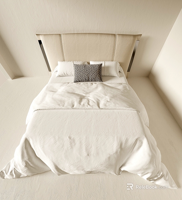 Minimalist Double Bed With White Bedsheets Beige Upholstered Headboard And Decorative Pillow 3d model 