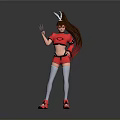 Woman In Red Outfit Long Hair Rabbit Ears Headpiece Gray Thigh High Socks Red Shoes