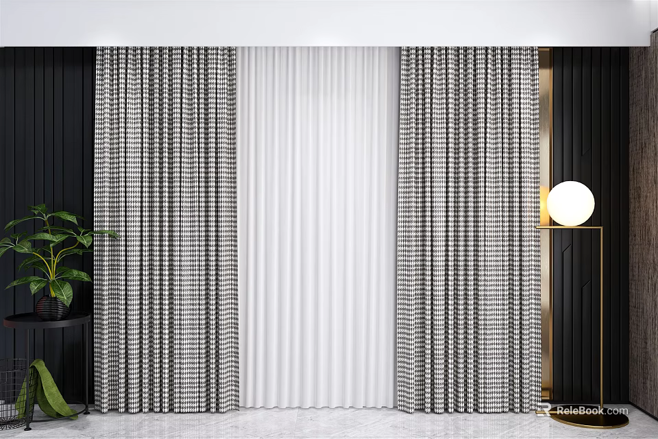 Modern Plaid Curtains With White Sheer Curtain in Room With Potted Plant And Floor Lamp 3d model 