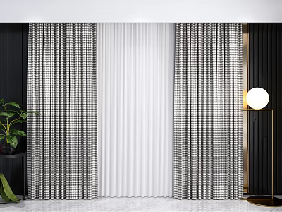 Modern Plaid Curtains With White Sheer Curtain in Room With Potted Plant And Floor Lamp 3d model