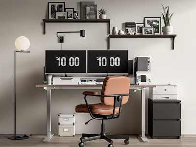 Modern Office Desk With Orange Chair Black Digital Displays Wall Shelves And Floor Lamp 3d model