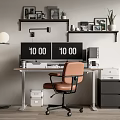 Modern Office Desk With Orange Chair Black Digital Displays Wall Shelves And Floor Lamp