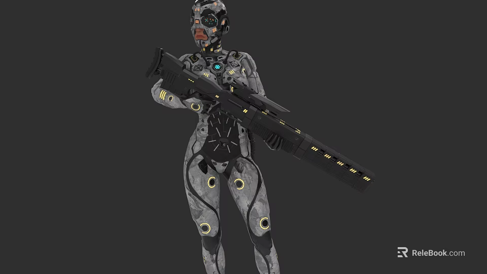 Futuristic Cybernetic Female Warrior In Sleek Combat Suit With Circular Accents Holding Large Advanced Gun 3d model 