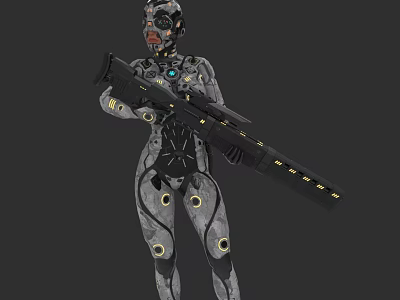 Futuristic Cybernetic Female Warrior In Sleek Combat Suit With Circular Accents Holding Large Advanced Gun 3d model
