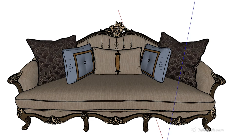 Classic Ornate Sectional Sofa With Carved Design Decorative Pillows And Ornate Legs 3d model 