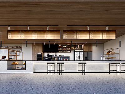 Modern Café Interior Design With Wooden Ceiling Bar Counter Stools And Display Shelves 3d model