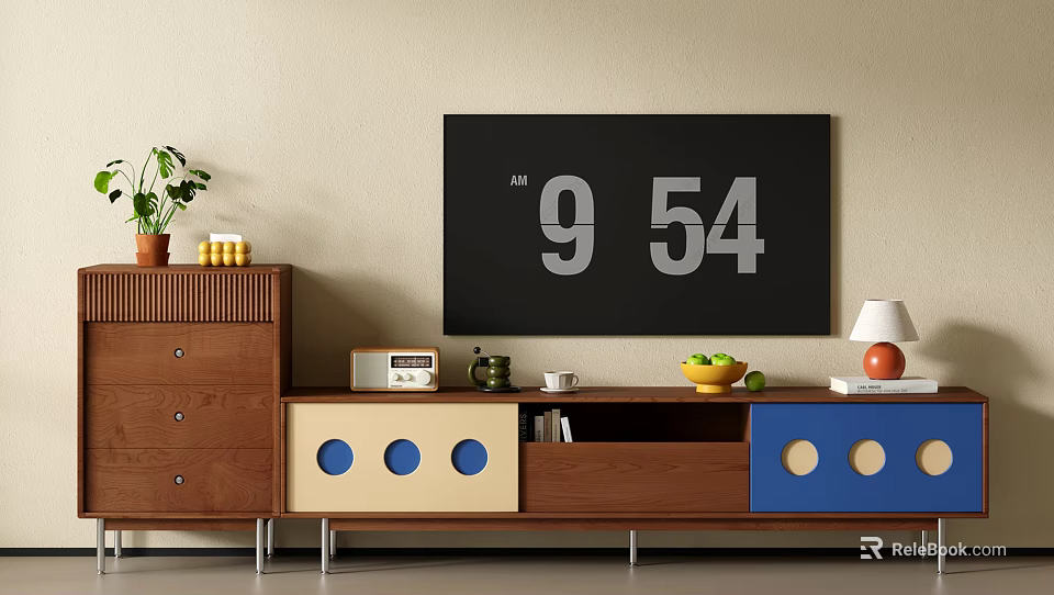Modern Wooden TV Stand With Blue Yellow Panels And TV Radio Fruits Plant Lamp 3d model 