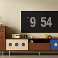 Modern Wooden TV Stand With Blue Yellow Panels And TV Radio Fruits Plant Lamp