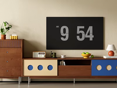 Modern Wooden TV Stand With Blue Yellow Panels And TV Radio Fruits Plant Lamp 3d model