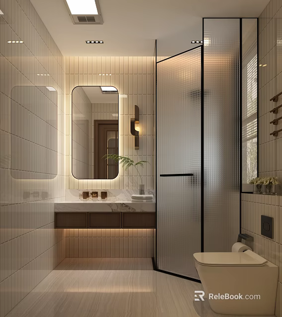Modern Bathroom With White Tiles Round Mirror Wooden Countertop Vanity And Glass Shower 3d model 