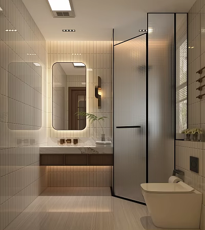 Modern Bathroom With White Tiles Round Mirror Wooden Countertop Vanity And Glass Shower 3d model