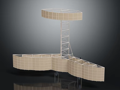 Modern Exhibition Booth Structure With Circular Top Metal Frame And Curved Grid Panels 3d model