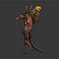 Mythical Fantasy Creature Character With Red Skin Muscular Body Antlers Flame Decor And Beast Legs