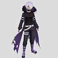 Man With Silver Hair Wearing Black Coat Purple Cape Black Pants And Purple Striped Socks