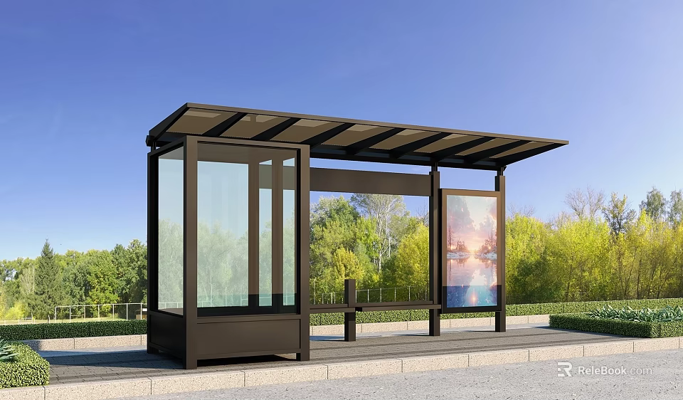 Bus Stop Shelter With Glass Walls Featuring Scenic Billboard Advertisement 3d model 