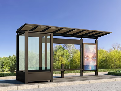 Bus Stop Shelter With Glass Walls Featuring Scenic Billboard Advertisement 3d model