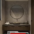 Bathroom Interior with Circular Mirror Gray Tiled Walls Wooden Cabinets and Stone Sink