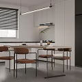 Modern Restaurant Kitchen Interior With White Cabinets Black Refrigerator Island Counter And Chairs