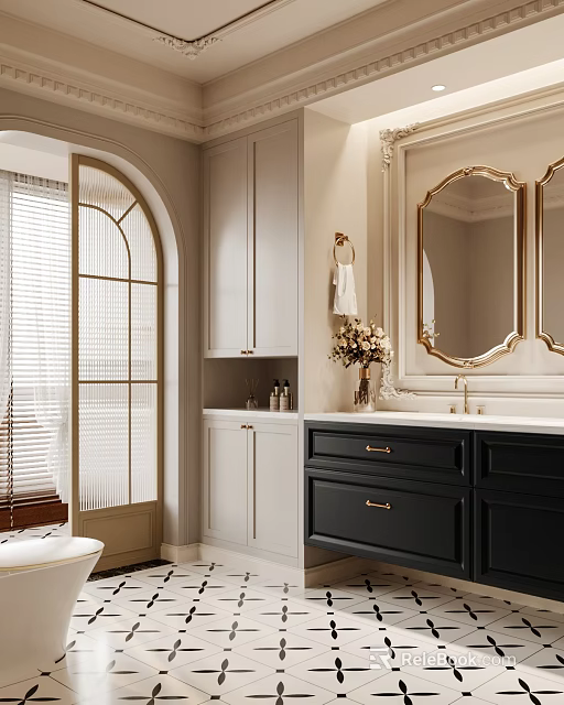 Elegant Bathroom Interior With Gray Cabinets Black Vanity Gold Framed Mirror Arched Door And Blinds 3d model 