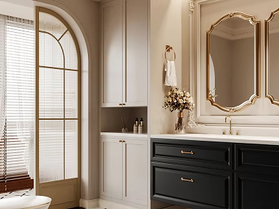Elegant Bathroom Interior With Gray Cabinets Black Vanity Gold Framed Mirror Arched Door And Blinds 3d model