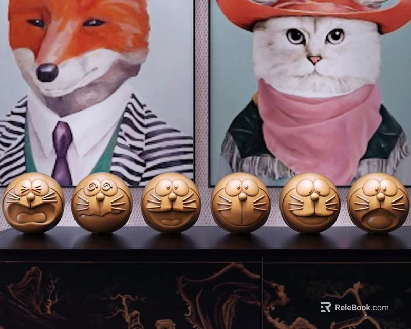 Decorative Ornament Set With Fox Cat Paintings And Golden Cat Face Figurines 3d model 