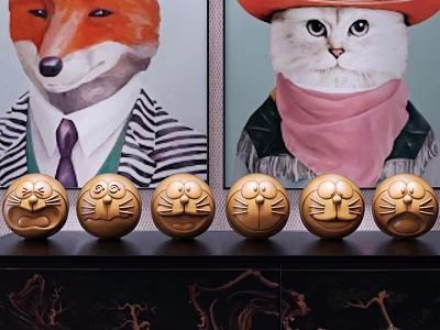 Decorative Ornament Set With Fox Cat Paintings And Golden Cat Face Figurines 3d model