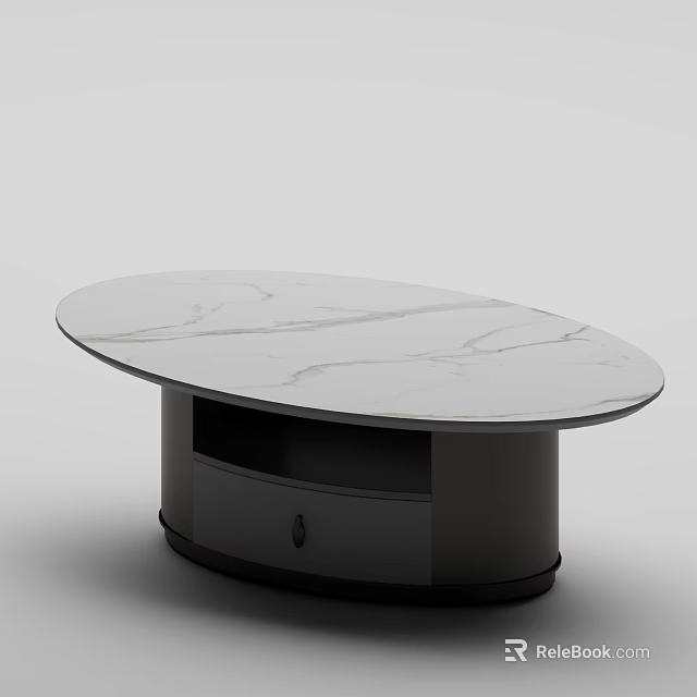 Sleek Oval Shaped Coffee Table With White Marble Top And Gray Drawer Base 3d model