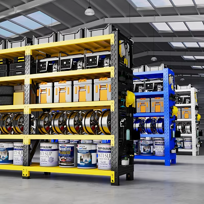 Durable Heavy Duty Warehouse Display Shelves For Storing Various Types Of Auto Repair Supplies 3d model