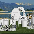 Scenic Garden Landscape With White Floral Archway Circular Ornament Pillars Lawn Lake And Mountain Backdrop