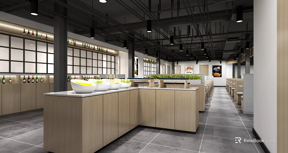 Modern Hotpot Restaurant Interior With Open Kitchen Counter Seating And Green Plants 3d model 