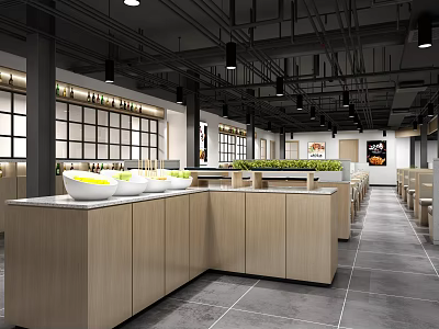 Modern Hotpot Restaurant Interior With Open Kitchen Counter Seating And Green Plants 3d model