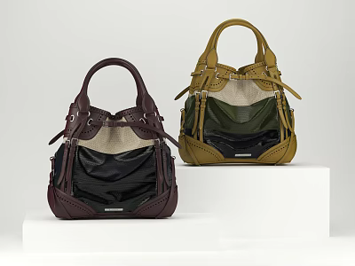 Stylish Dark Purple And Olive Green Handbags With Mesh Panels On White Stands 3d model